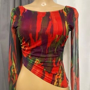 Must Be Love Asymmetrical Mesh Top - Red/combo